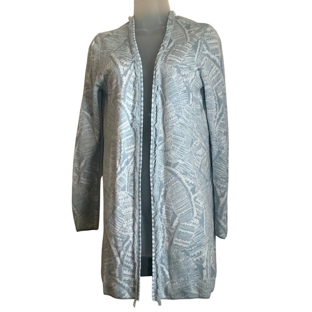 J.McLaughlin Blue White Leaf Jacquard Fringe Open Front Cardigan Sweater Small
